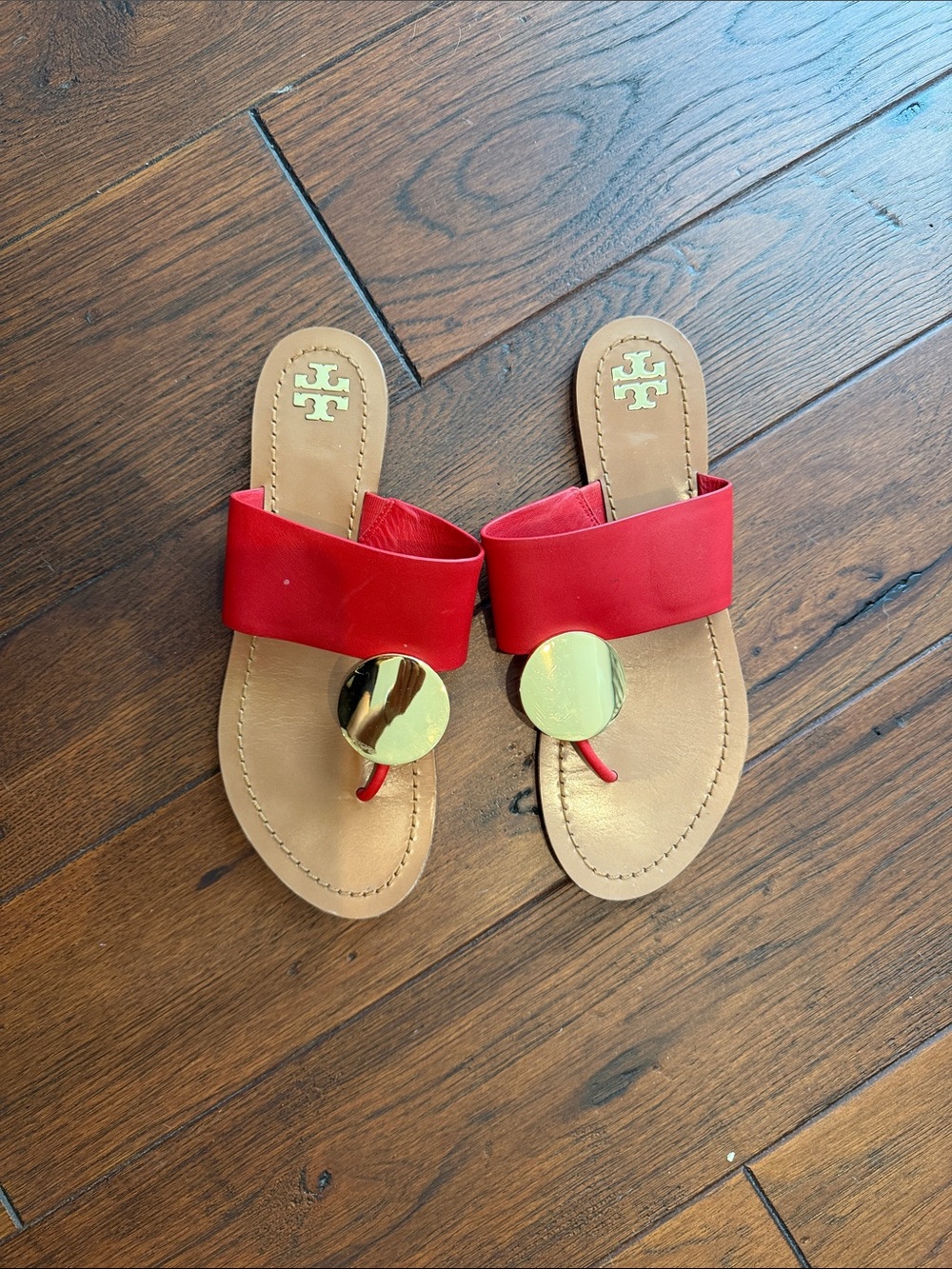 Tory Burch Patos Red Leather Gold Medallion Slide Sandals